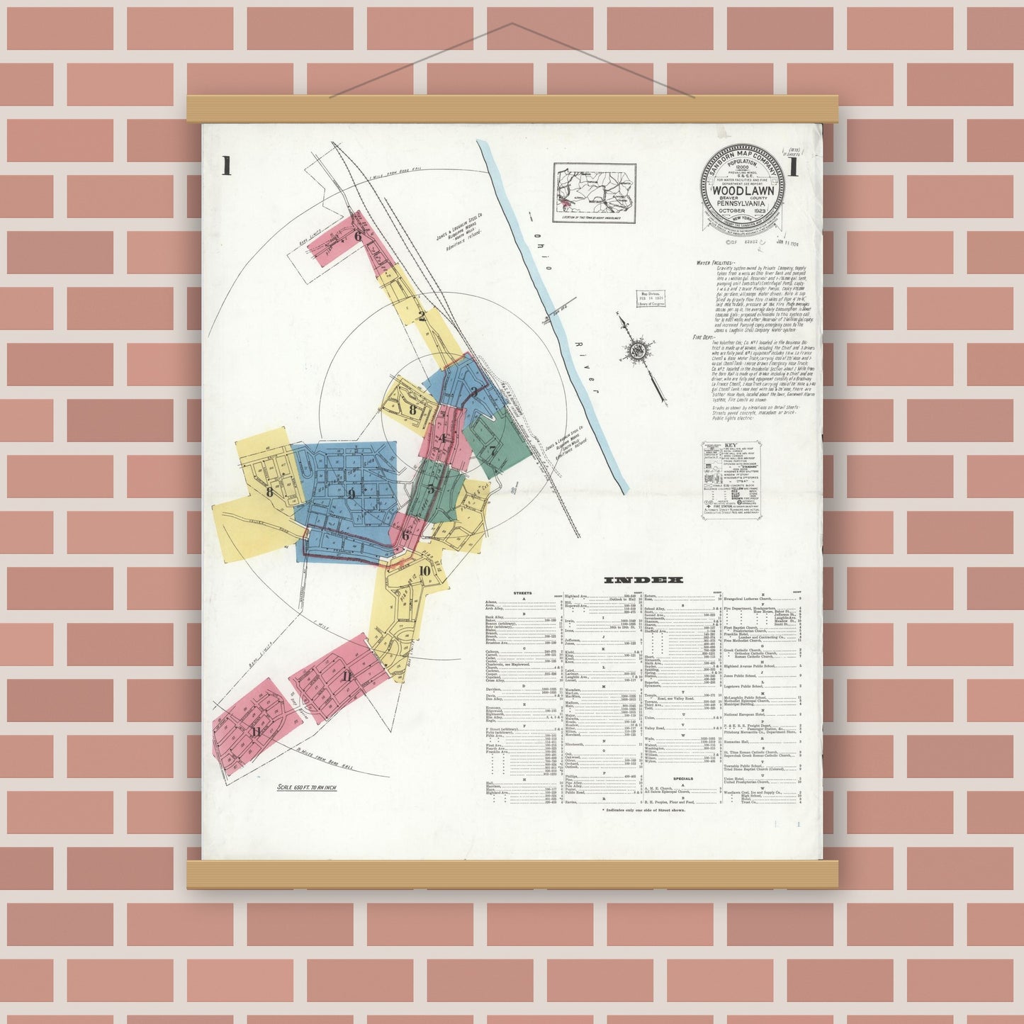 Old map wall art mockup — magnetic wood frame on brick wall — Sanborn Fire Insurance Map from Woodlawn, Beaver County, Pennsylvania (1923) - Complete Map Set