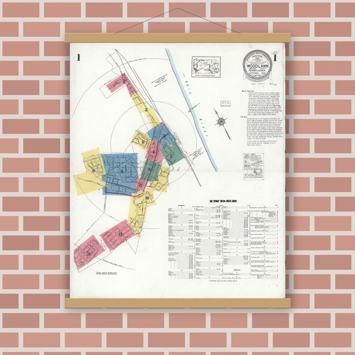 Old map wall art mockup — magnetic wood frame on brick wall — Sanborn Fire Insurance Map from Woodlawn, Beaver County, Pennsylvania (1923) - Complete Map Set