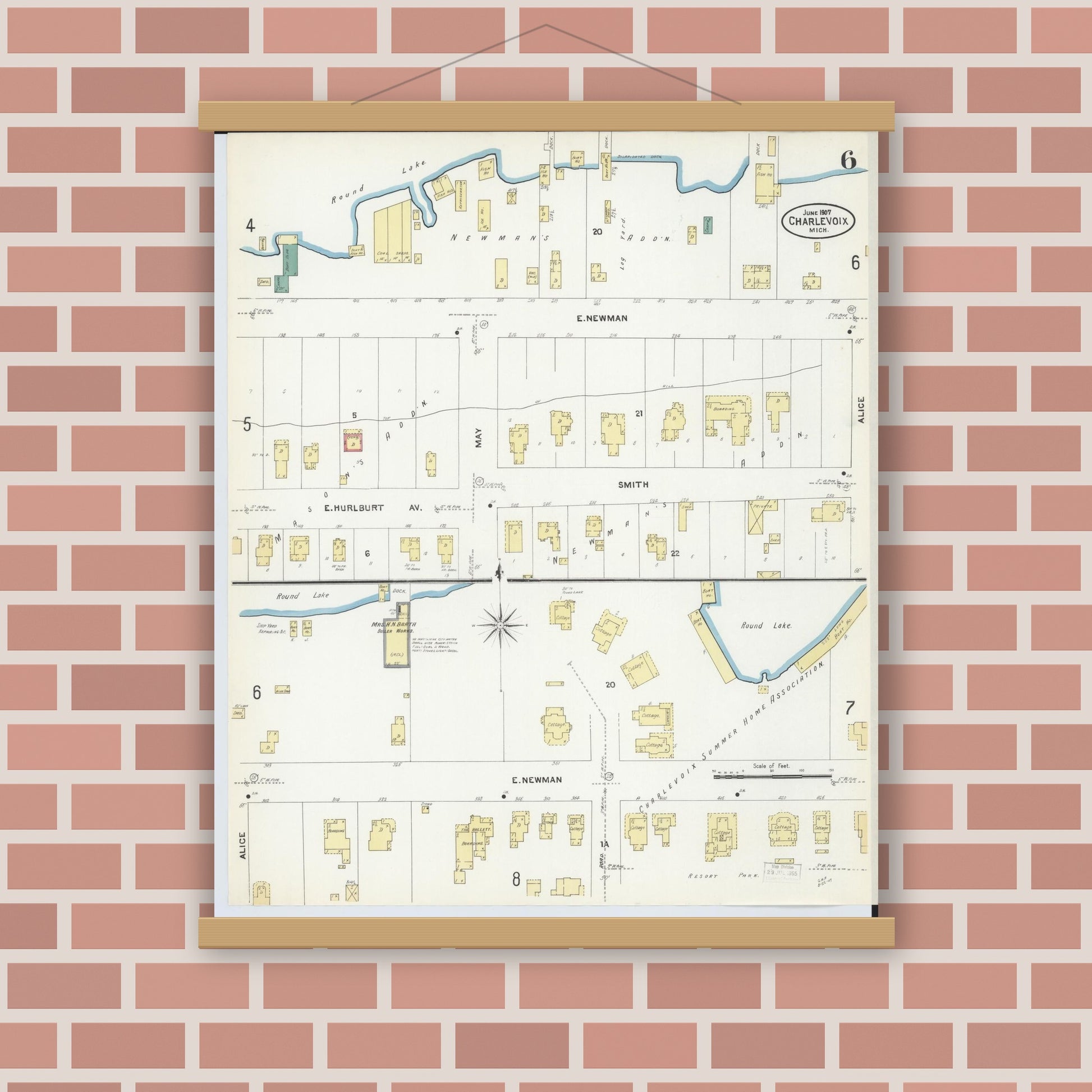 Old map wall art mockup — magnetic wood frame on brick wall — Sanborn Fire Insurance Map from Charlevoix, Charlevoix County, Michigan (1907), Sheet #0006
