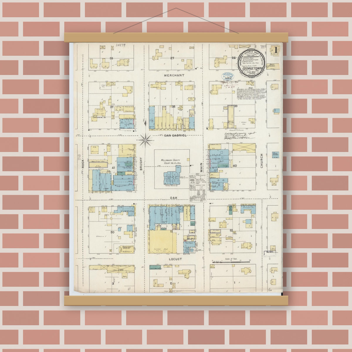 Old map wall art mockup — magnetic wood frame on brick wall — Sanborn Fire Insurance Map from Georgetown, Williamson County, Texas (1894) - Complete Map Set