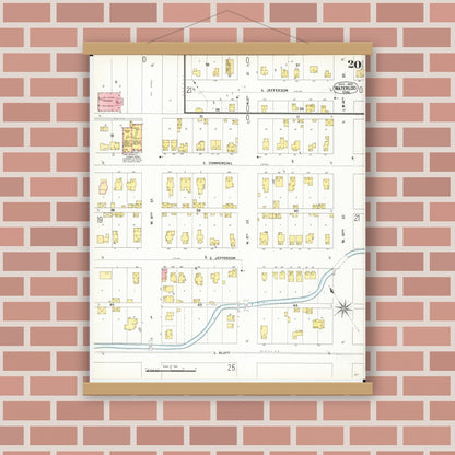 Old map wall art mockup — magnetic wood frame on brick wall — Sanborn Fire Insurance Map from Waterloo, Black Hawk County, Iowa (1900), Sheet #0020