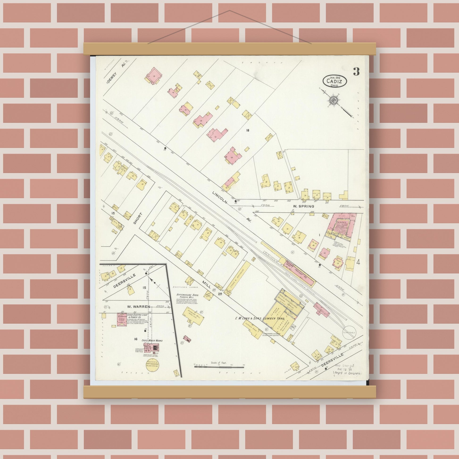 Old map wall art mockup — magnetic wood frame on brick wall — Sanborn Fire Insurance Map from Cadiz, Harrison County, Ohio (1916), Sheet #0003
