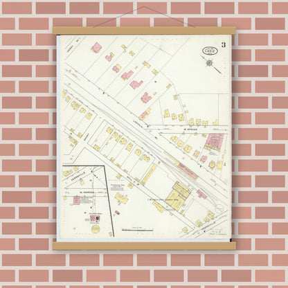 Old map wall art mockup — magnetic wood frame on brick wall — Sanborn Fire Insurance Map from Cadiz, Harrison County, Ohio (1916), Sheet #0003