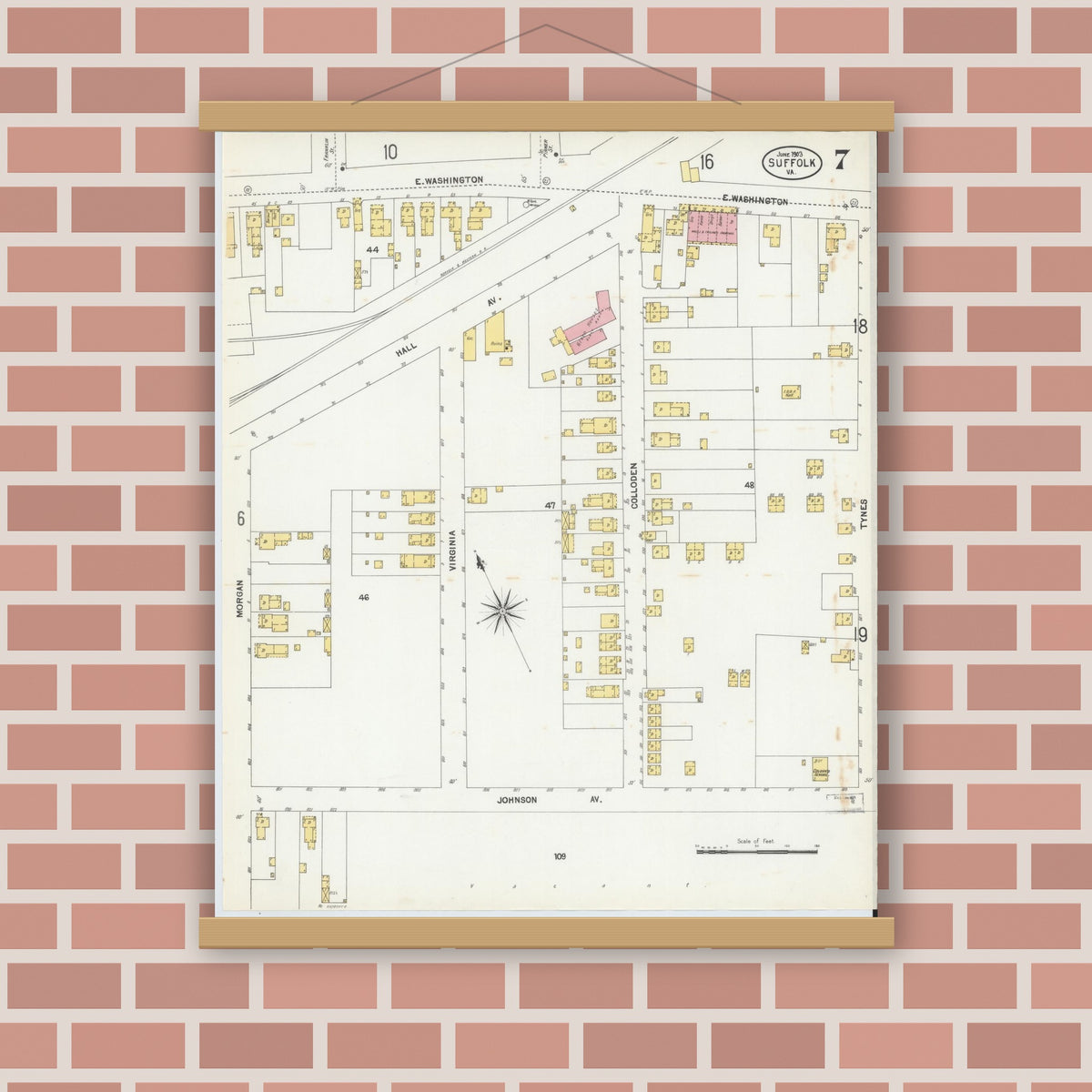 Old map wall art mockup — magnetic wood frame on brick wall — Sanborn Fire Insurance Map from Suffolk, Independent Cities, Virginia (1903), Sheet #0007