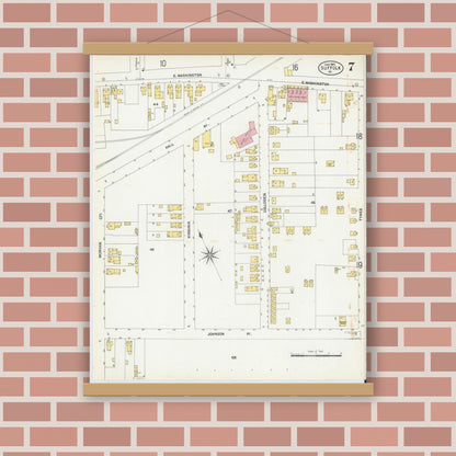 Old map wall art mockup — magnetic wood frame on brick wall — Sanborn Fire Insurance Map from Suffolk, Independent Cities, Virginia (1903), Sheet #0007