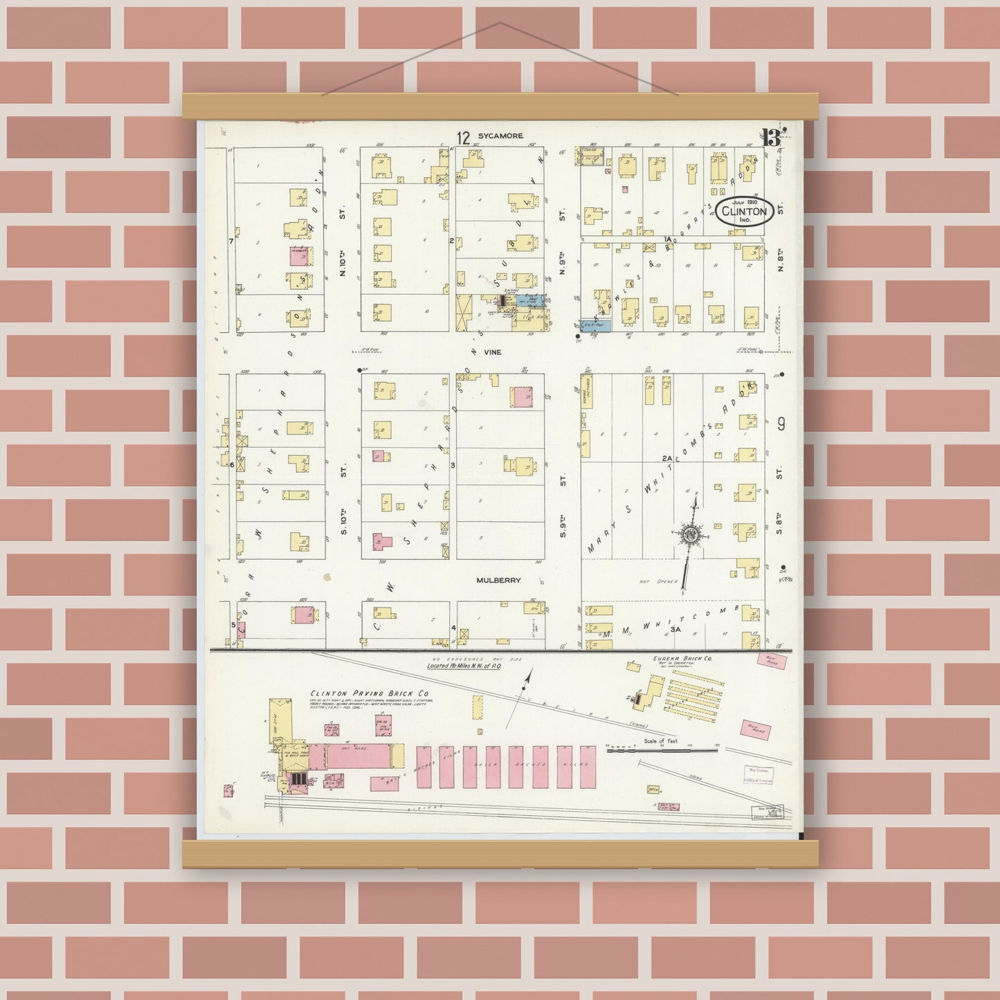Old map wall art mockup — magnetic wood frame on brick wall — Sanborn Fire Insurance Map from Clinton, Vermillion County, Indiana (1910), Sheet #0013