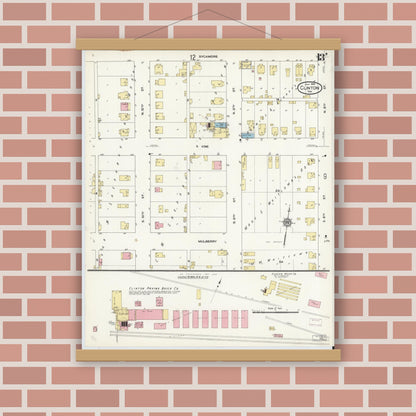 Old map wall art mockup — magnetic wood frame on brick wall — Sanborn Fire Insurance Map from Clinton, Vermillion County, Indiana (1910), Sheet #0013