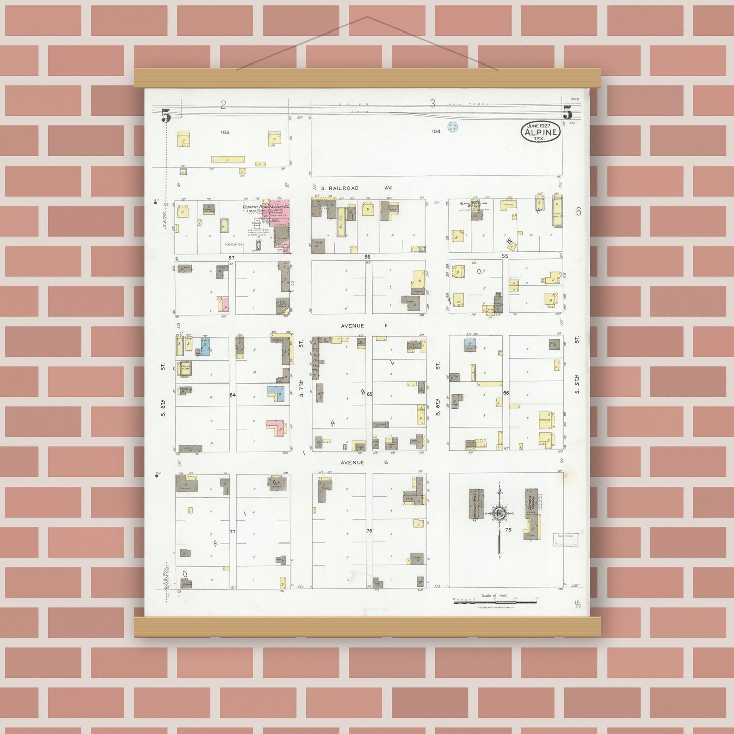 Old map wall art mockup — magnetic wood frame on brick wall — Sanborn Fire Insurance Map from Alpine, Brewster County, Texas (1927), Sheet #0005