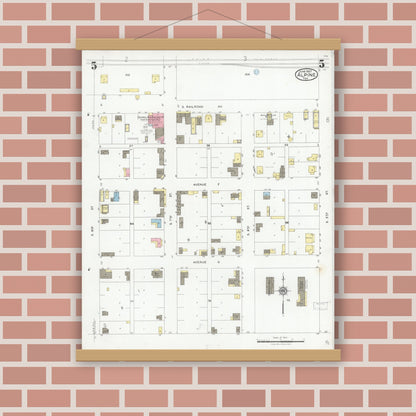 Old map wall art mockup — magnetic wood frame on brick wall — Sanborn Fire Insurance Map from Alpine, Brewster County, Texas (1927), Sheet #0005