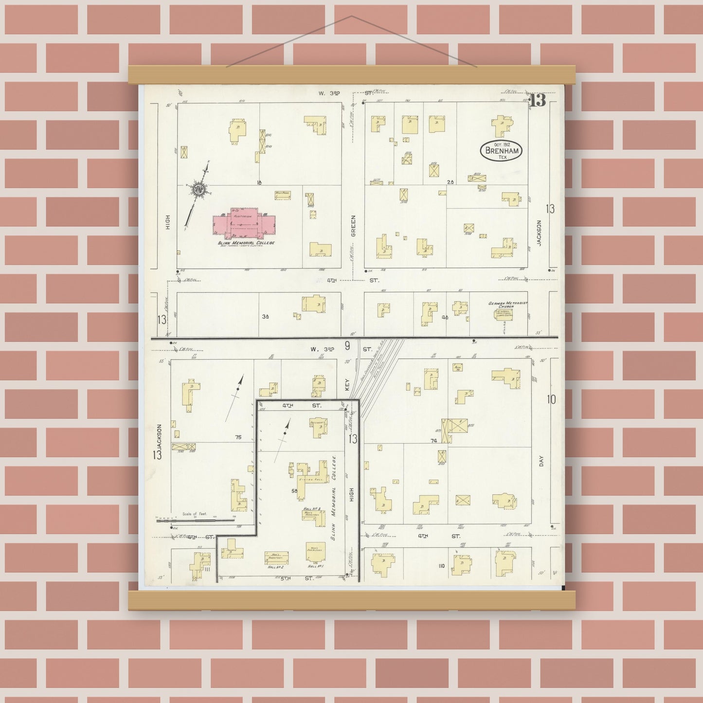 Old map wall art mockup — magnetic wood frame on brick wall — Sanborn Fire Insurance Map from Brenham, Washington County, Texas (1912), Sheet #0013