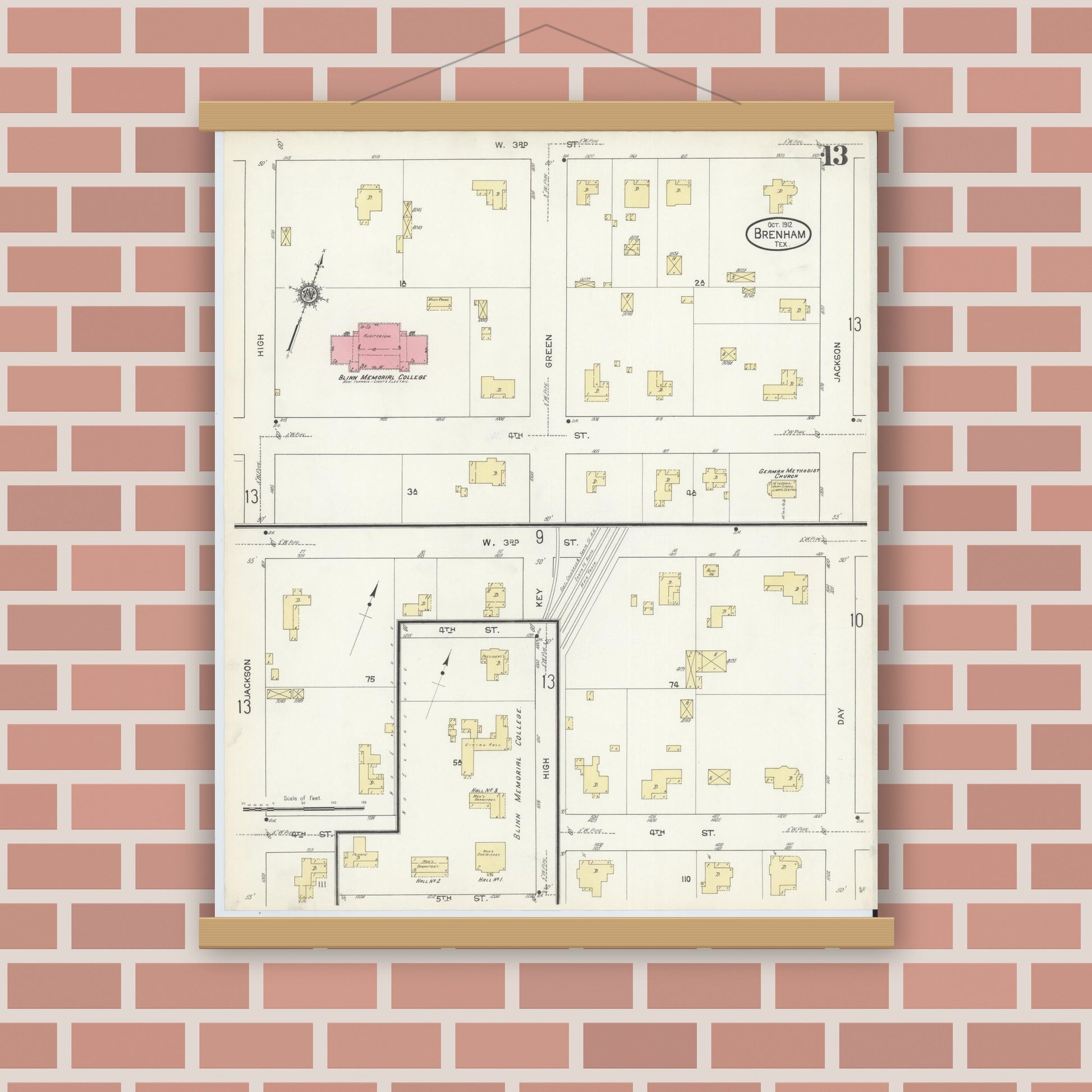 Old map wall art mockup — magnetic wood frame on brick wall — Sanborn Fire Insurance Map from Brenham, Washington County, Texas (1912), Sheet #0013