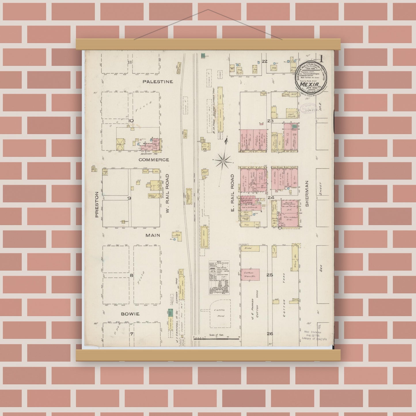 Old map wall art mockup — magnetic wood frame on brick wall — Sanborn Fire Insurance Map from Mexia, Limestone County, Texas (1885) - Complete Map Set