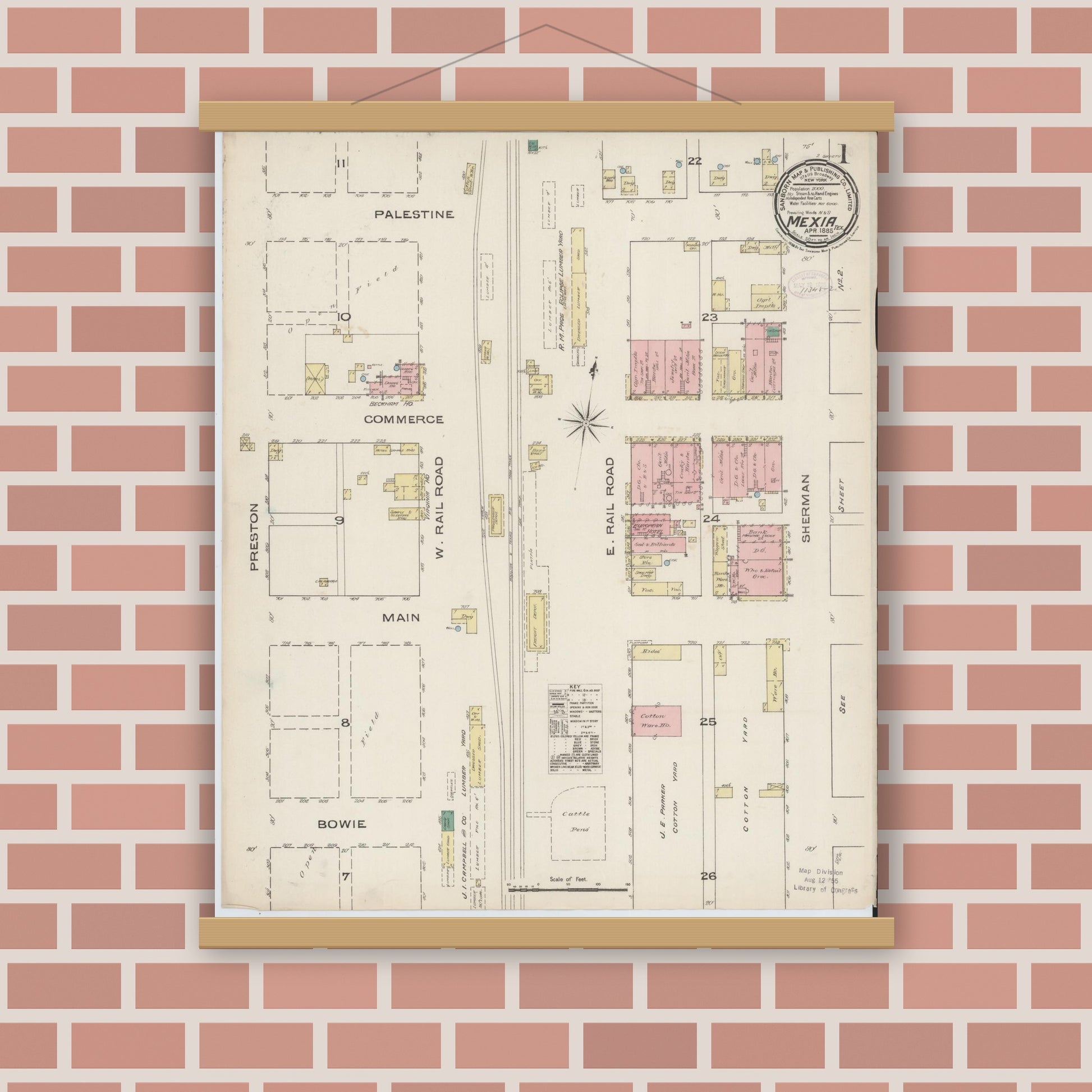 Old map wall art mockup — magnetic wood frame on brick wall — Sanborn Fire Insurance Map from Mexia, Limestone County, Texas (1885) - Complete Map Set