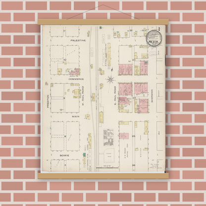 Old map wall art mockup — magnetic wood frame on brick wall — Sanborn Fire Insurance Map from Mexia, Limestone County, Texas (1885) - Complete Map Set