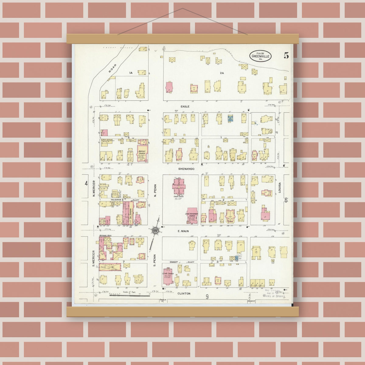 Old map wall art mockup — magnetic wood frame on brick wall — Sanborn Fire Insurance Map from Greenville, Mercer County, Pennsylvania (1911), Sheet #0005