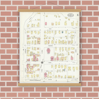 Old map wall art mockup — magnetic wood frame on brick wall — Sanborn Fire Insurance Map from Greenville, Mercer County, Pennsylvania (1911), Sheet #0005