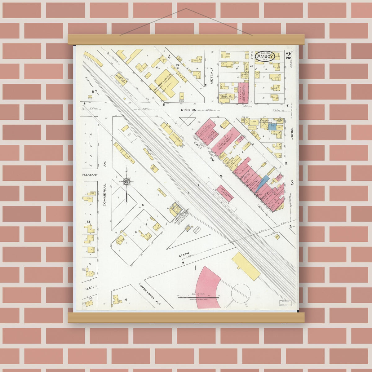 Old map wall art mockup — magnetic wood frame on brick wall — Sanborn Fire Insurance Map from Amboy, Lee County, Illinois (1918), Sheet #0002