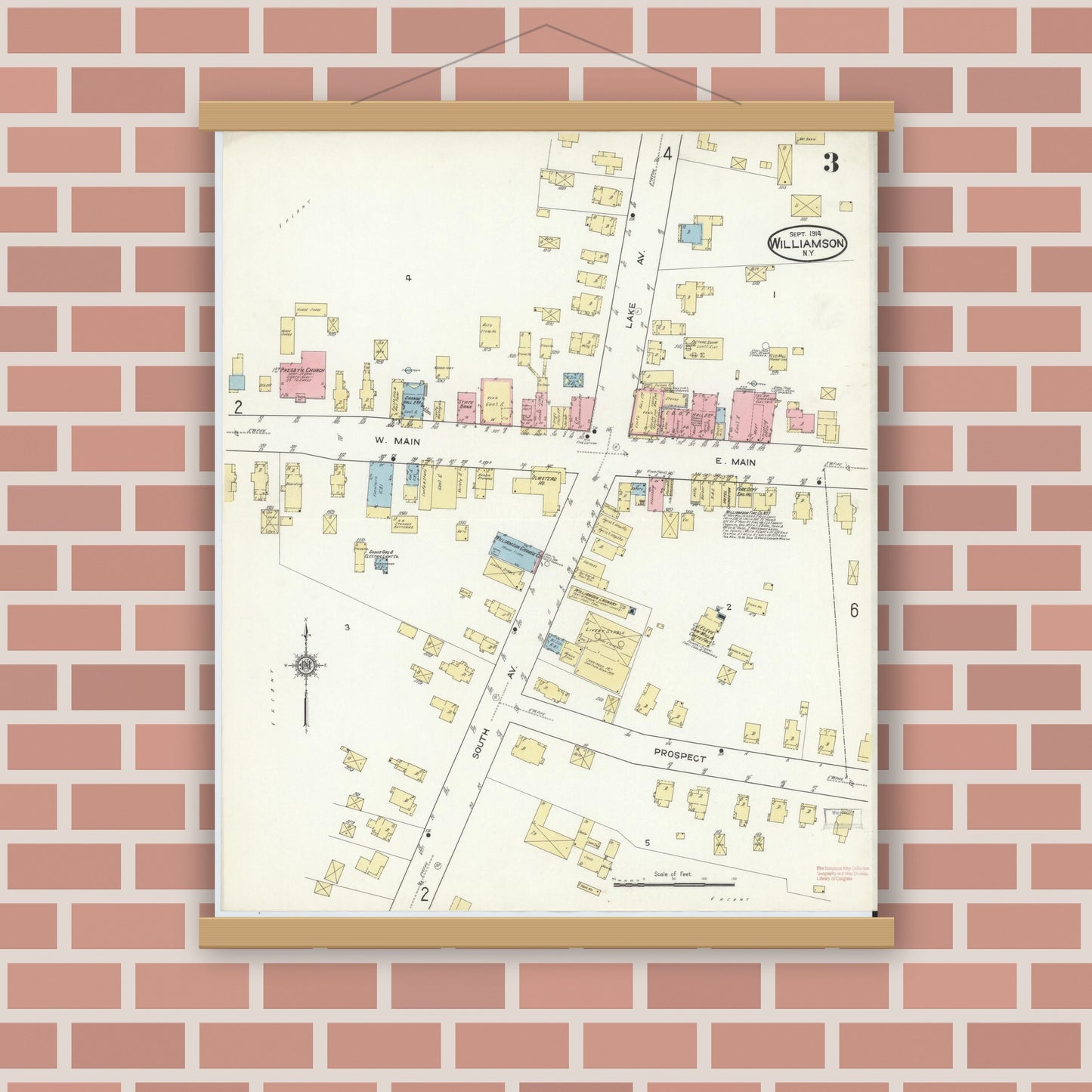 Old map wall art mockup — magnetic wood frame on brick wall — Sanborn Fire Insurance Map from Williamson, Wayne County, New York (1914), Sheet #0003
