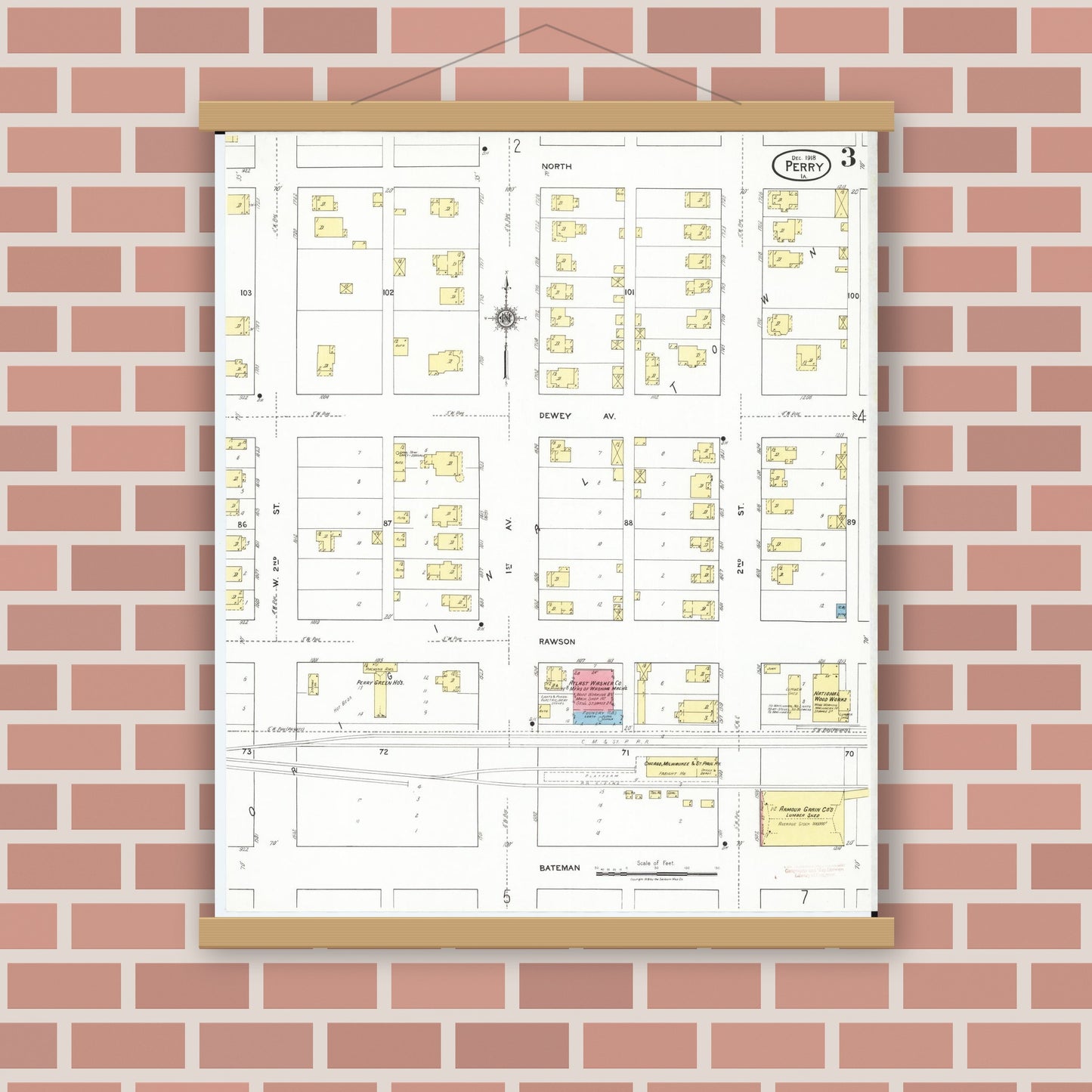 Old map wall art mockup — magnetic wood frame on brick wall — Sanborn Fire Insurance Map from Perry, Dallas County, Iowa (1918), Sheet #0003