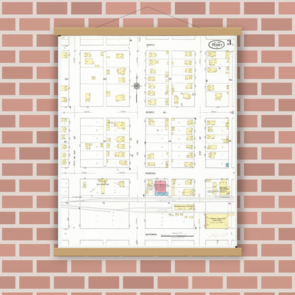 Old map wall art mockup — magnetic wood frame on brick wall — Sanborn Fire Insurance Map from Perry, Dallas County, Iowa (1918), Sheet #0003