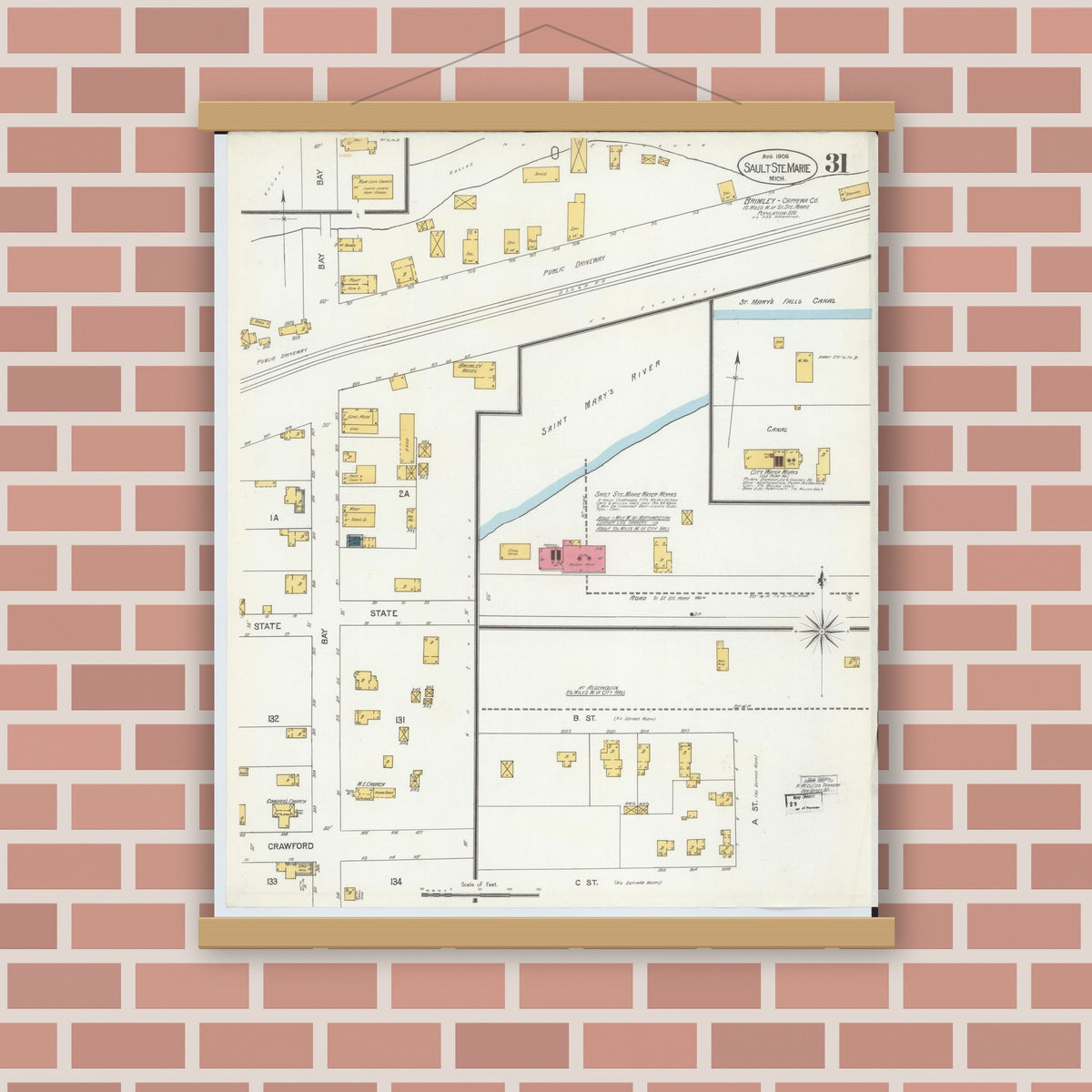 Old map wall art mockup — magnetic wood frame on brick wall — Sanborn Fire Insurance Map from Sault Sainte Marie, Chippewa County, Michigan (1906), Sheet #0031