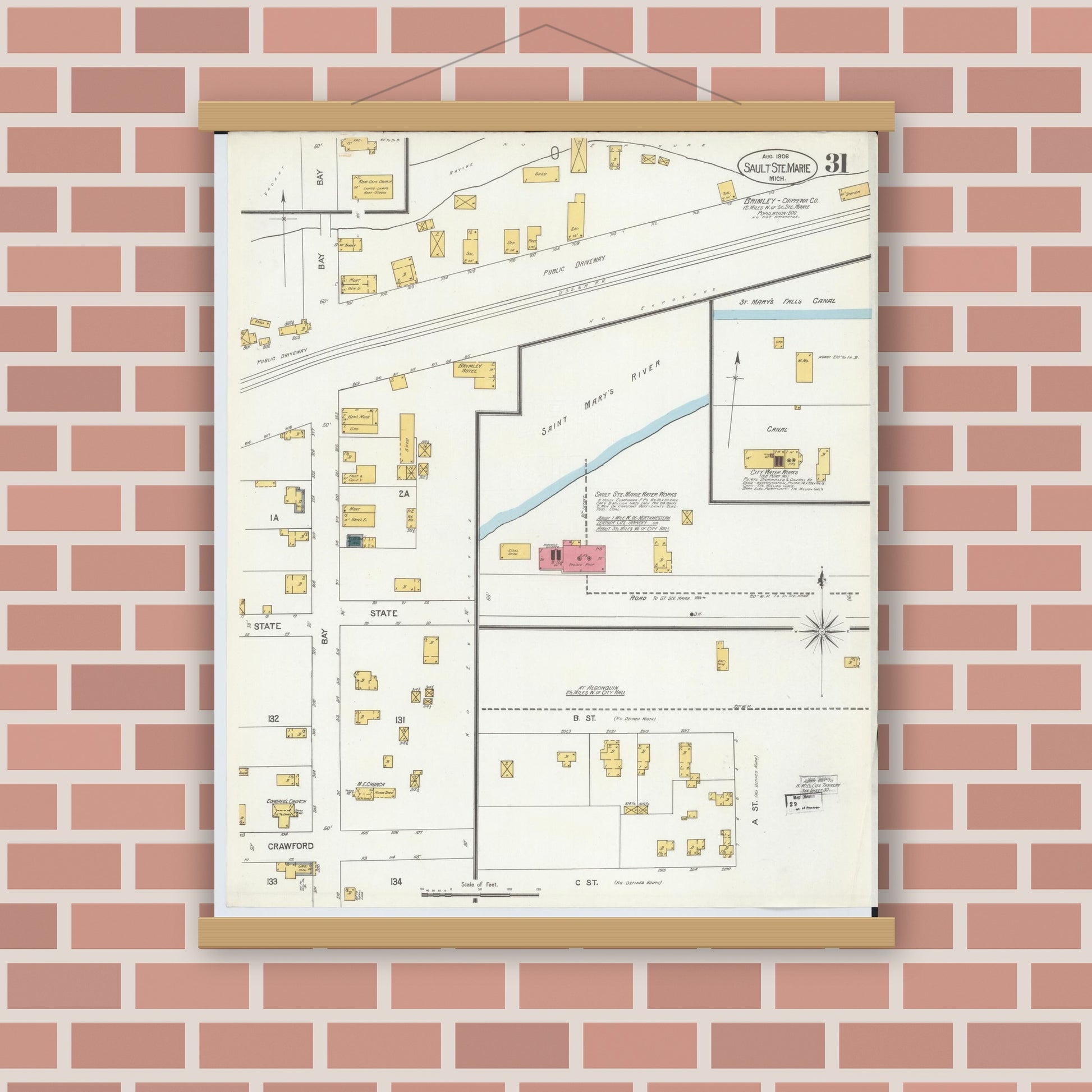 Old map wall art mockup — magnetic wood frame on brick wall — Sanborn Fire Insurance Map from Sault Sainte Marie, Chippewa County, Michigan (1906), Sheet #0031