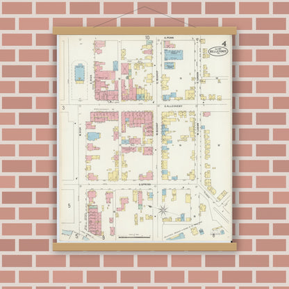 Old map wall art mockup — magnetic wood frame on brick wall — Sanborn Fire Insurance Map from Bellefonte, Centre County, Pennsylvania (1897), Sheet #0004