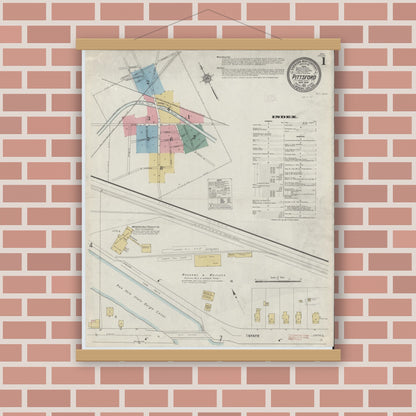 Old map wall art mockup — magnetic wood frame on brick wall — Sanborn Fire Insurance Map from Pittsford, Monroe County, New York (1912), Sheet #0001