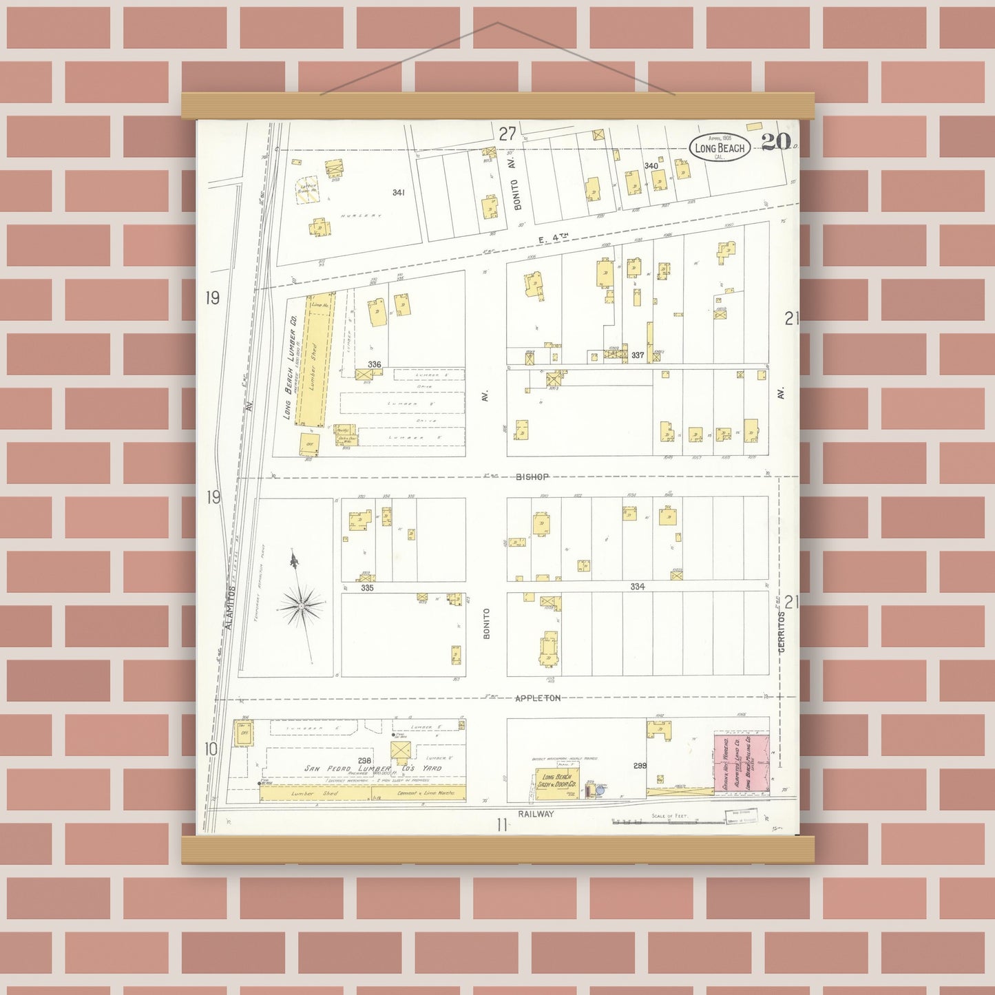 Old map wall art mockup — magnetic wood frame on brick wall — Sanborn Fire Insurance Map from Long Beach, Los Angeles County, California (1905), Sheet #0020
