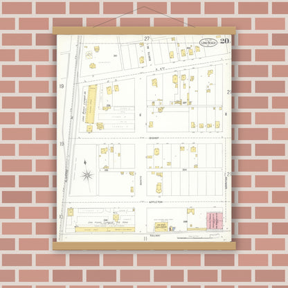 Old map wall art mockup — magnetic wood frame on brick wall — Sanborn Fire Insurance Map from Long Beach, Los Angeles County, California (1905), Sheet #0020