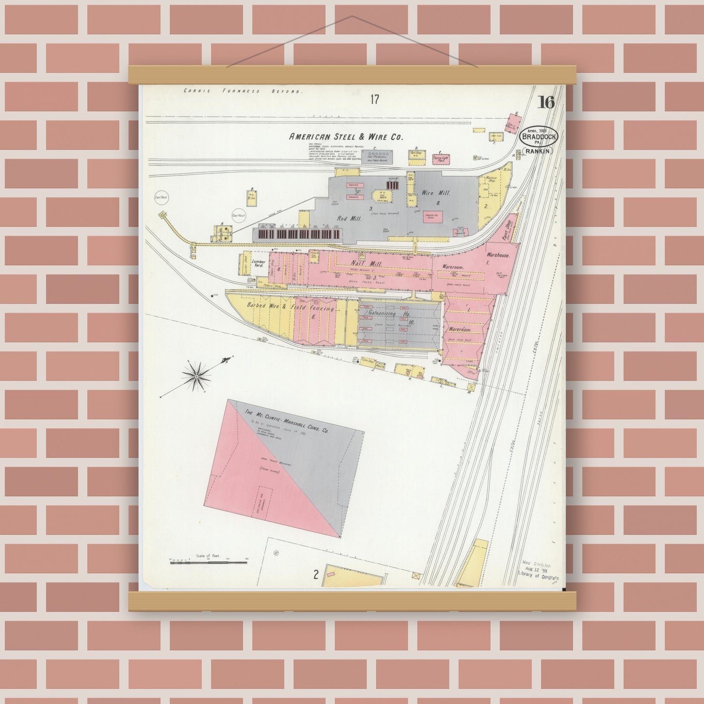 Old map wall art mockup — magnetic wood frame on brick wall — Sanborn Fire Insurance Map from Braddock, Allegheny County, Pennsylvania (1901), Sheet #0016