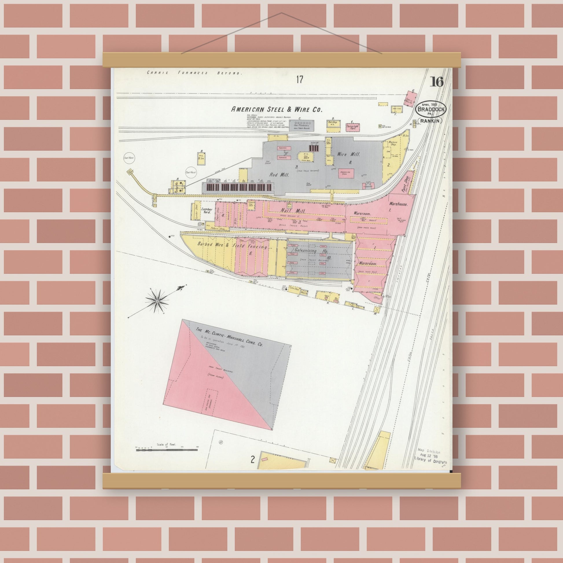 Old map wall art mockup — magnetic wood frame on brick wall — Sanborn Fire Insurance Map from Braddock, Allegheny County, Pennsylvania (1901), Sheet #0016