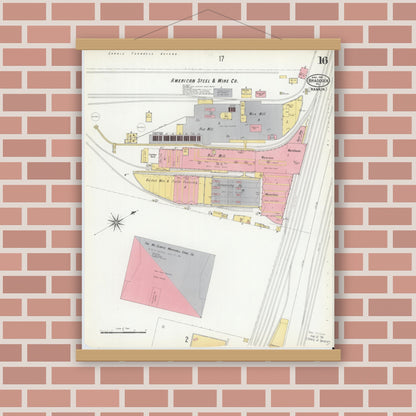 Old map wall art mockup — magnetic wood frame on brick wall — Sanborn Fire Insurance Map from Braddock, Allegheny County, Pennsylvania (1901), Sheet #0016