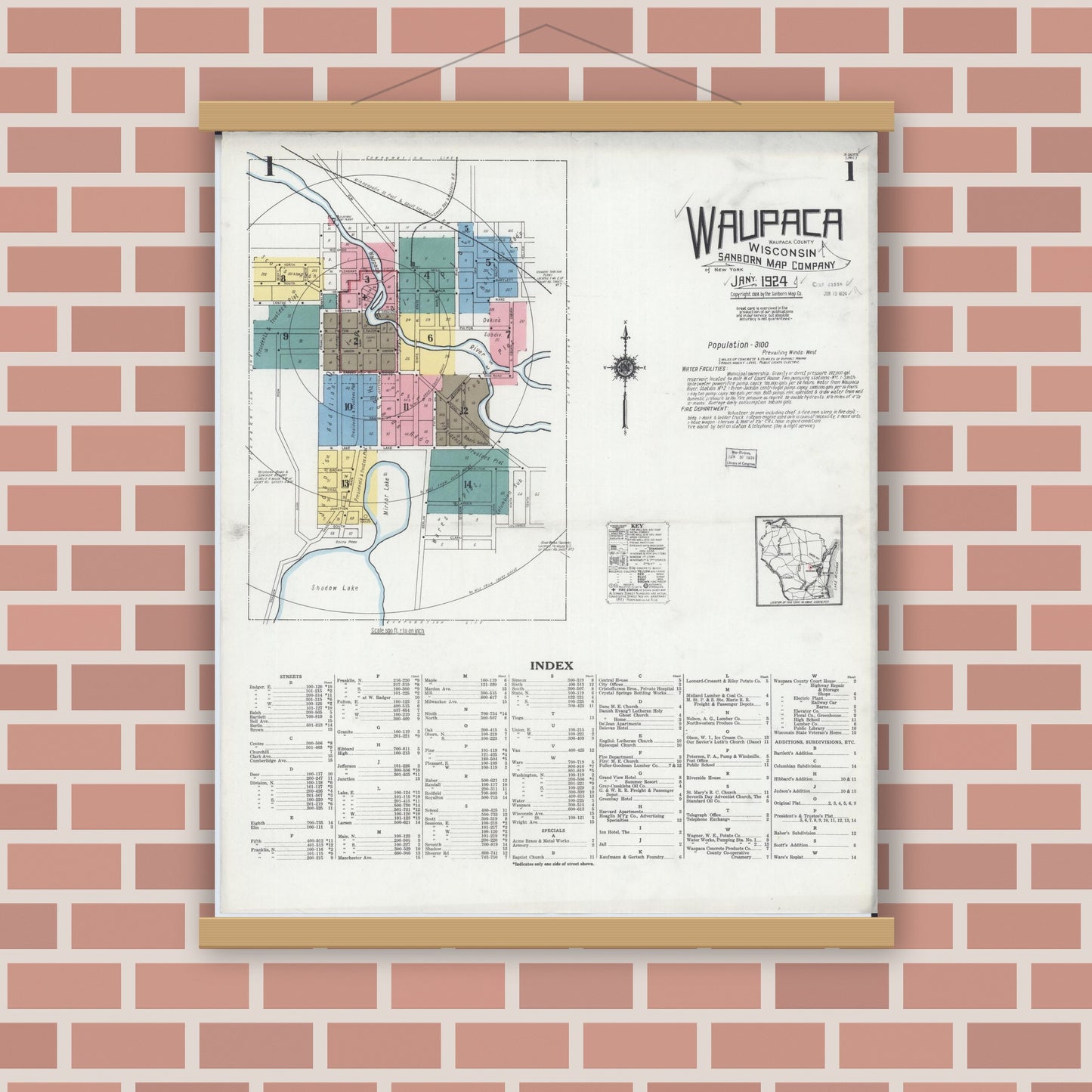 Old map wall art mockup — magnetic wood frame on brick wall — Sanborn Fire Insurance Map from Waupaca, Waupaca County, Wisconsin (1924) - Complete Map Set