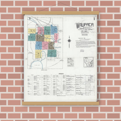 Old map wall art mockup — magnetic wood frame on brick wall — Sanborn Fire Insurance Map from Waupaca, Waupaca County, Wisconsin (1924) - Complete Map Set