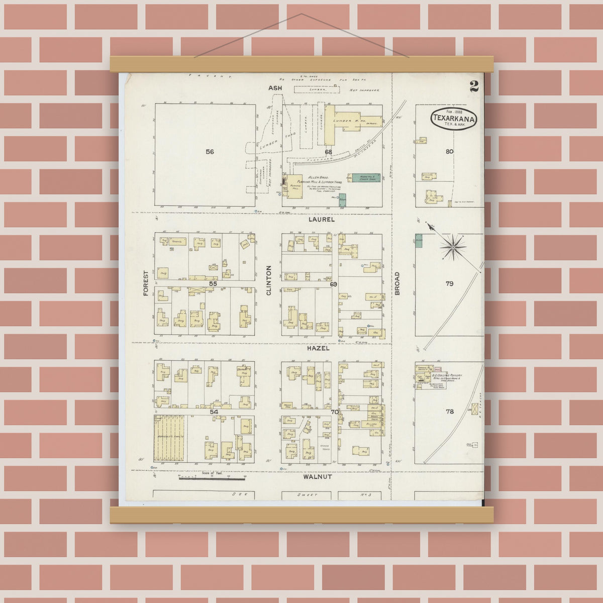 Old map wall art mockup — magnetic wood frame on brick wall — Sanborn Fire Insurance Map from Texarkana, Bowie County, Texas (1888), Sheet #0002
