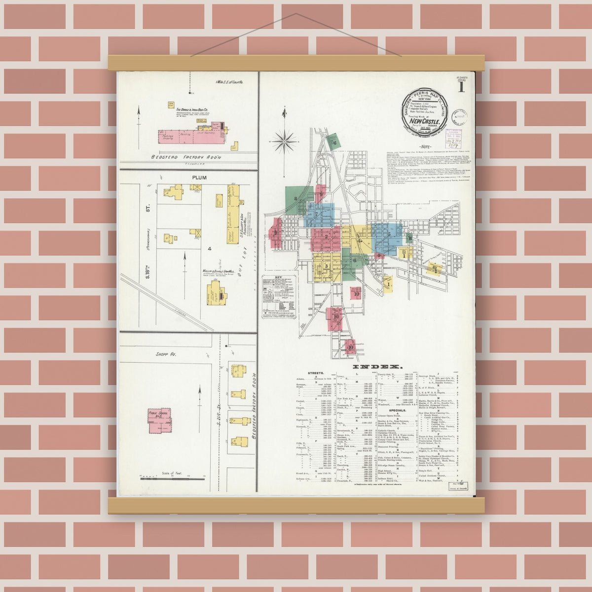 Old map wall art mockup — magnetic wood frame on brick wall — Sanborn Fire Insurance Map from New Castle, Henry County, Indiana (1901), Sheet #0001