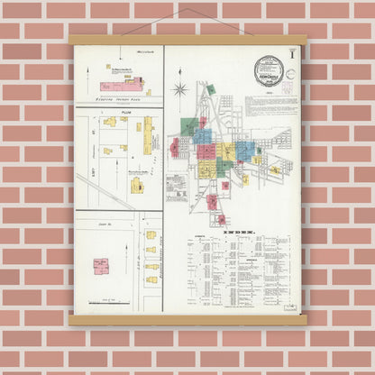 Old map wall art mockup — magnetic wood frame on brick wall — Sanborn Fire Insurance Map from New Castle, Henry County, Indiana (1901), Sheet #0001