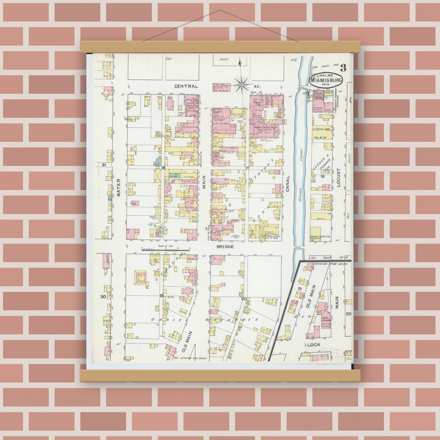 Old map wall art mockup — magnetic wood frame on brick wall — Sanborn Fire Insurance Map from Miamisburg, Montgomery County, Ohio (1892), Sheet #0003
