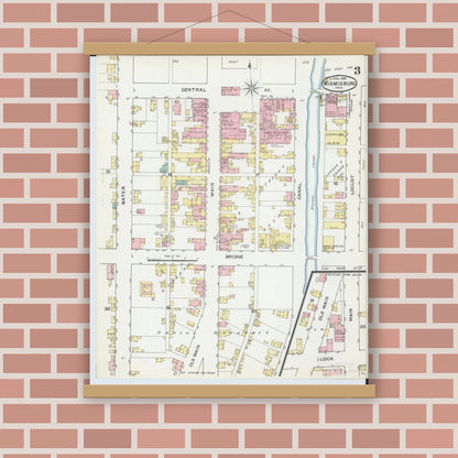 Old map wall art mockup — magnetic wood frame on brick wall — Sanborn Fire Insurance Map from Miamisburg, Montgomery County, Ohio (1892), Sheet #0003