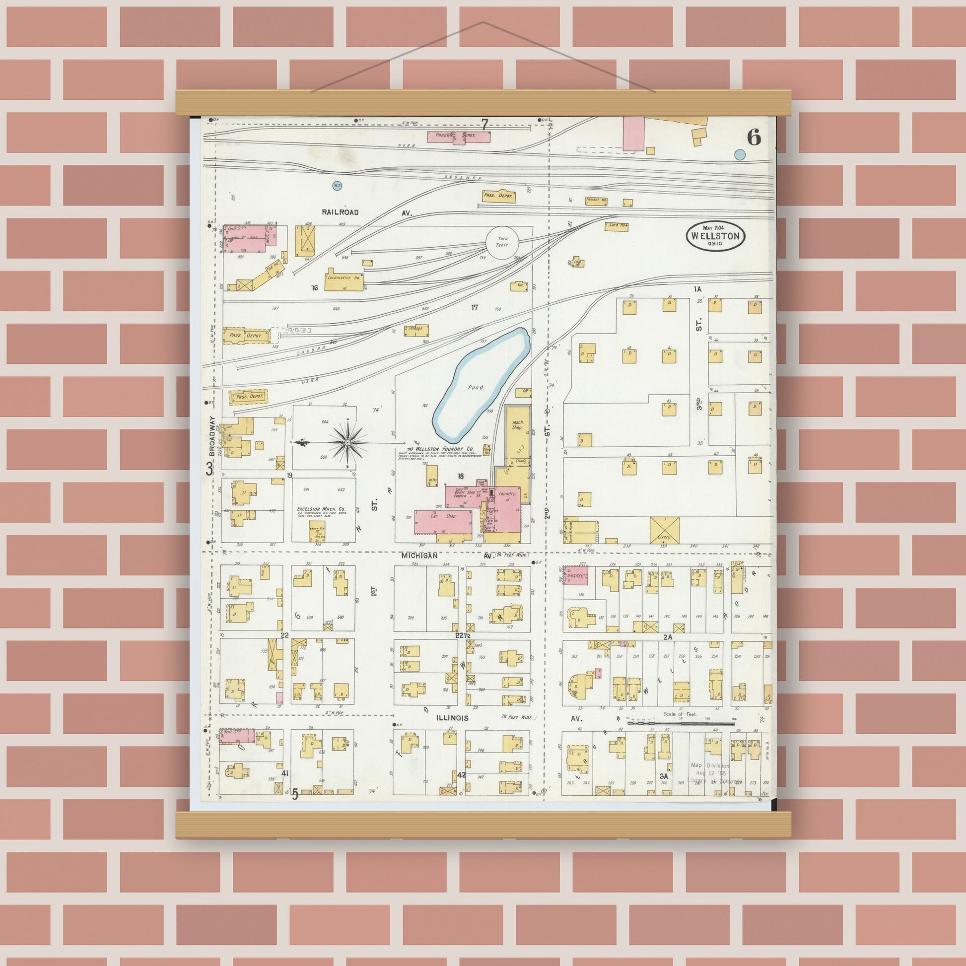 Old map wall art mockup — magnetic wood frame on brick wall — Sanborn Fire Insurance Map from Wellston, Jackson County, Ohio (1904), Sheet #0006