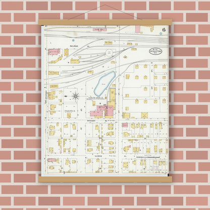 Old map wall art mockup — magnetic wood frame on brick wall — Sanborn Fire Insurance Map from Wellston, Jackson County, Ohio (1904), Sheet #0006