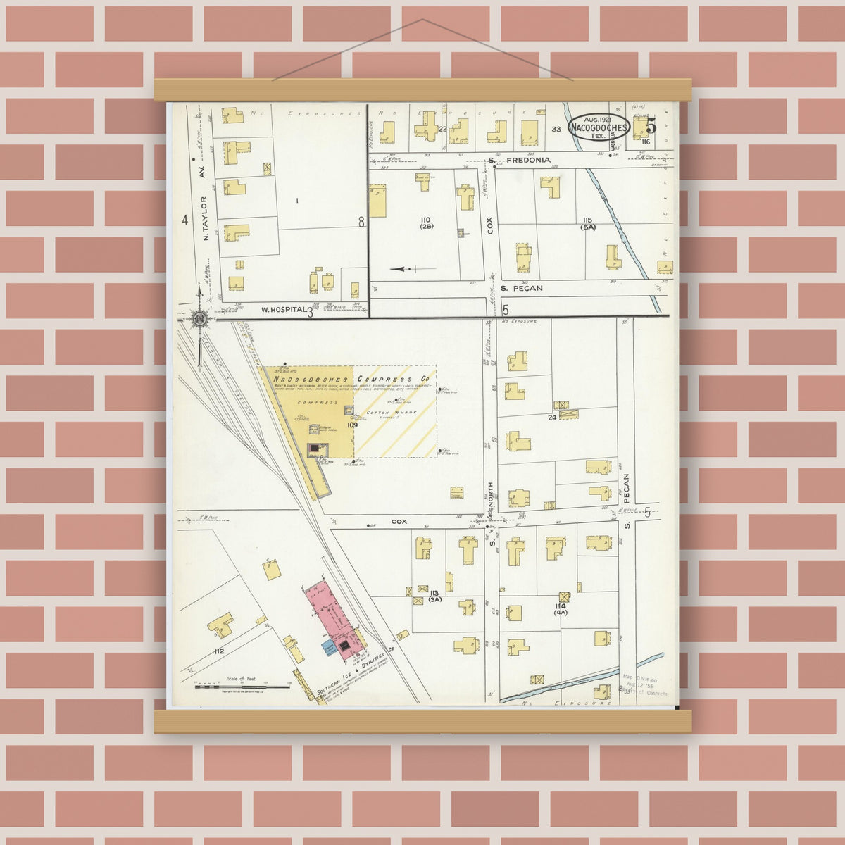 Old map wall art mockup — magnetic wood frame on brick wall — Sanborn Fire Insurance Map from Nacogdoches, Nacogdoches County, Texas (1921), Sheet #0005