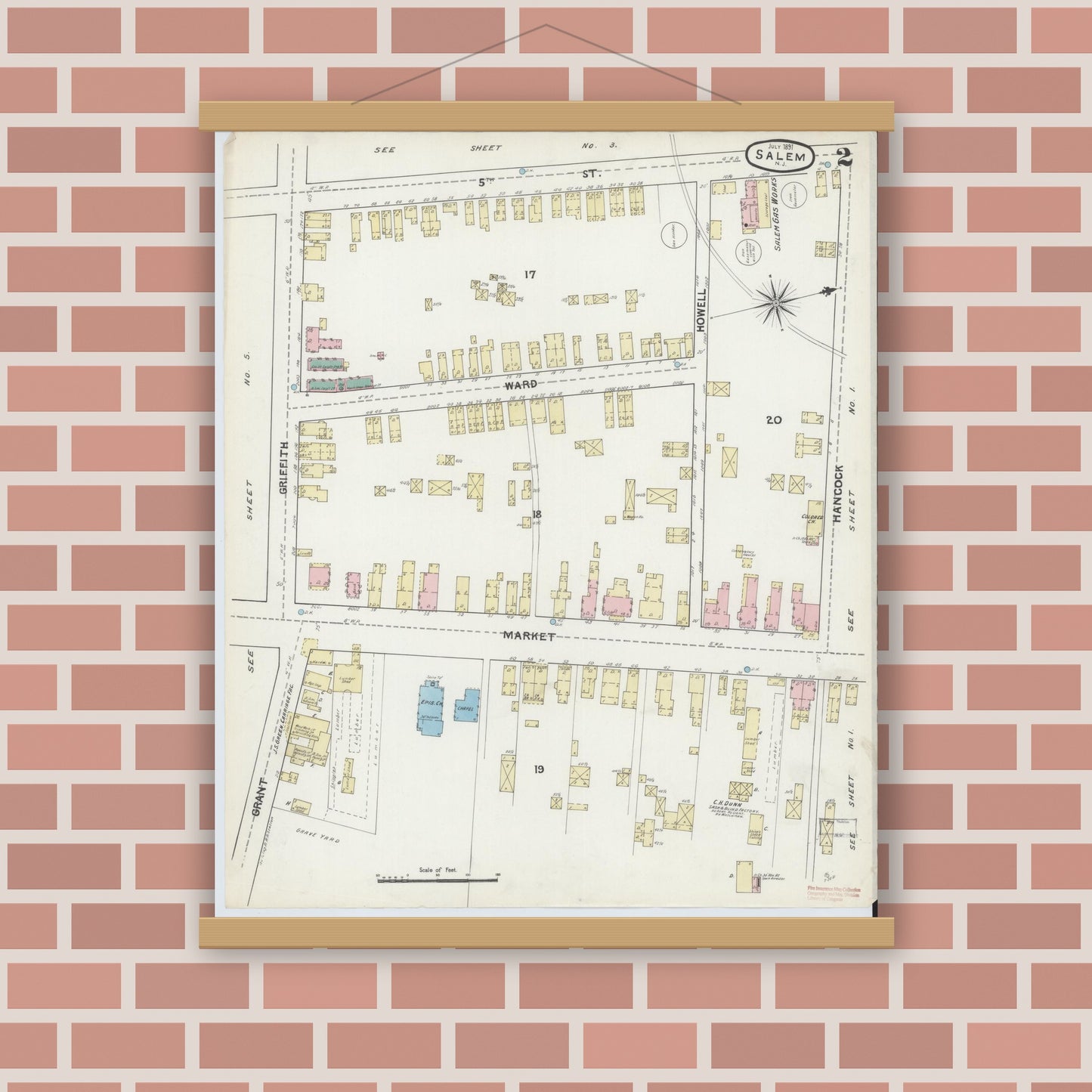 Old map wall art mockup — magnetic wood frame on brick wall — Sanborn Fire Insurance Map from Salem, Salem County, New Jersey (1891), Sheet #0002