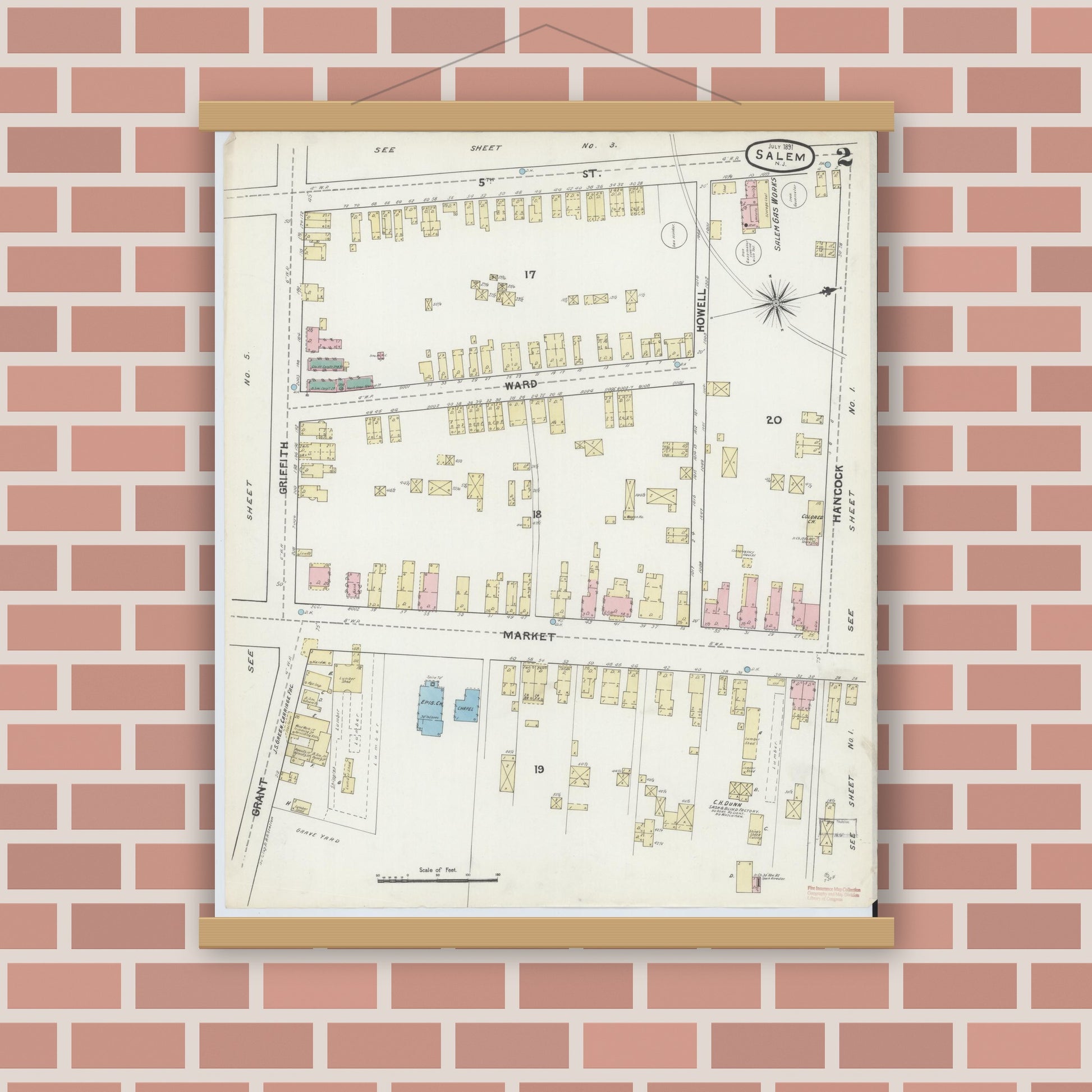 Old map wall art mockup — magnetic wood frame on brick wall — Sanborn Fire Insurance Map from Salem, Salem County, New Jersey (1891), Sheet #0002