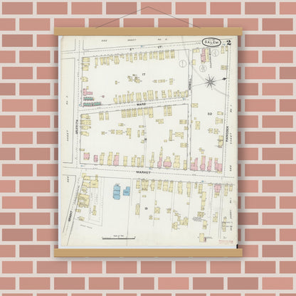 Old map wall art mockup — magnetic wood frame on brick wall — Sanborn Fire Insurance Map from Salem, Salem County, New Jersey (1891), Sheet #0002