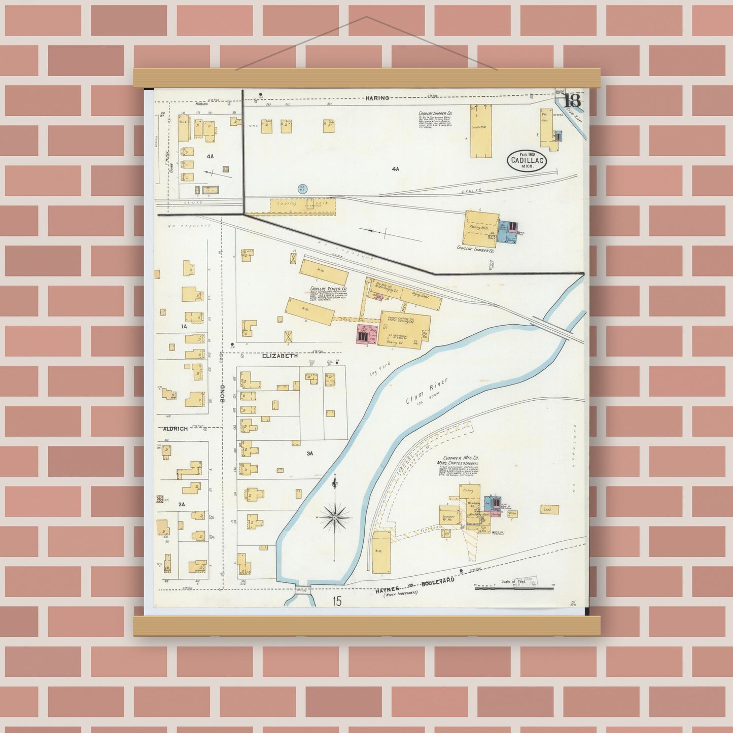 Old map wall art mockup — magnetic wood frame on brick wall — Sanborn Fire Insurance Map from Cadillac, Wexford County, Michigan (1906), Sheet #0018