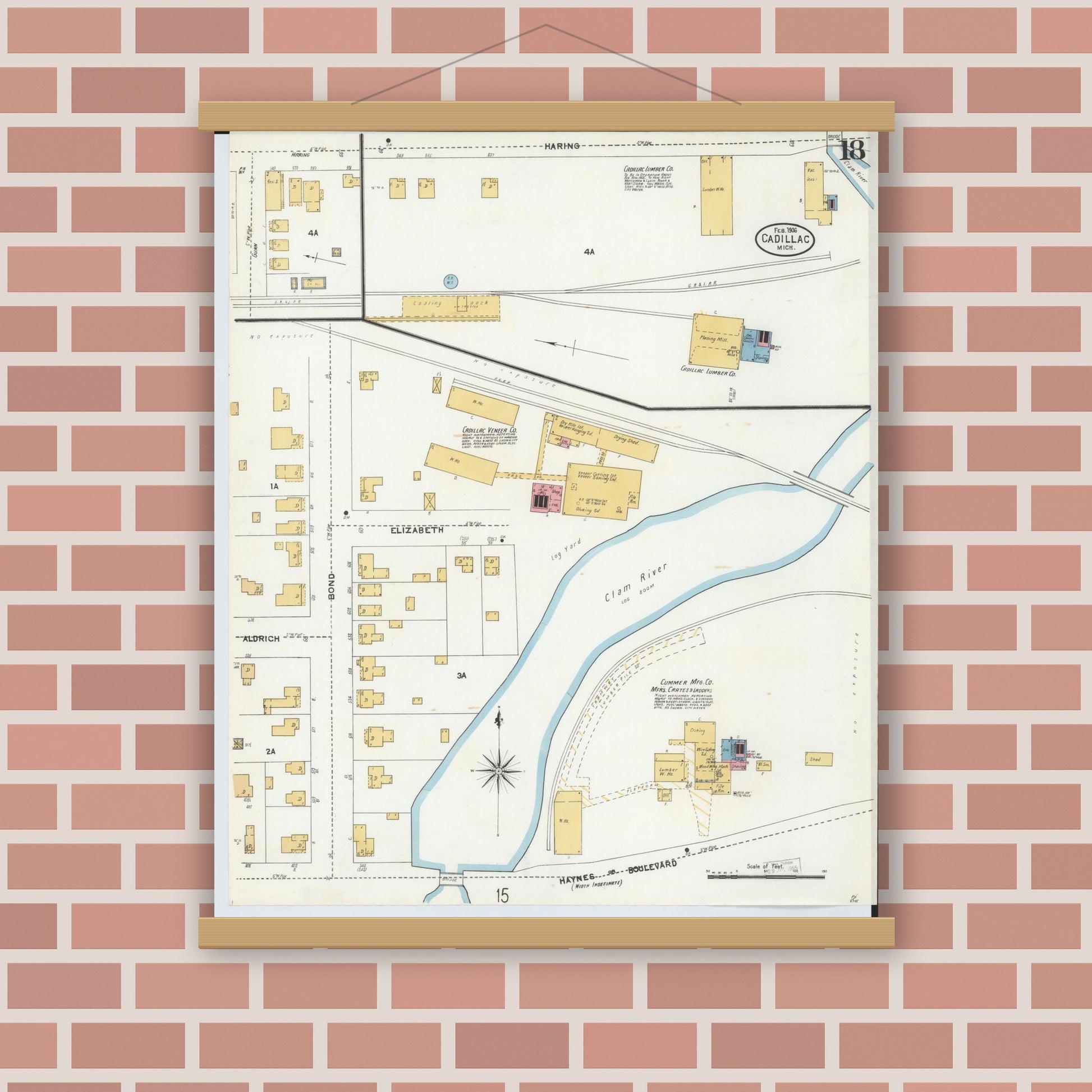 Old map wall art mockup — magnetic wood frame on brick wall — Sanborn Fire Insurance Map from Cadillac, Wexford County, Michigan (1906), Sheet #0018