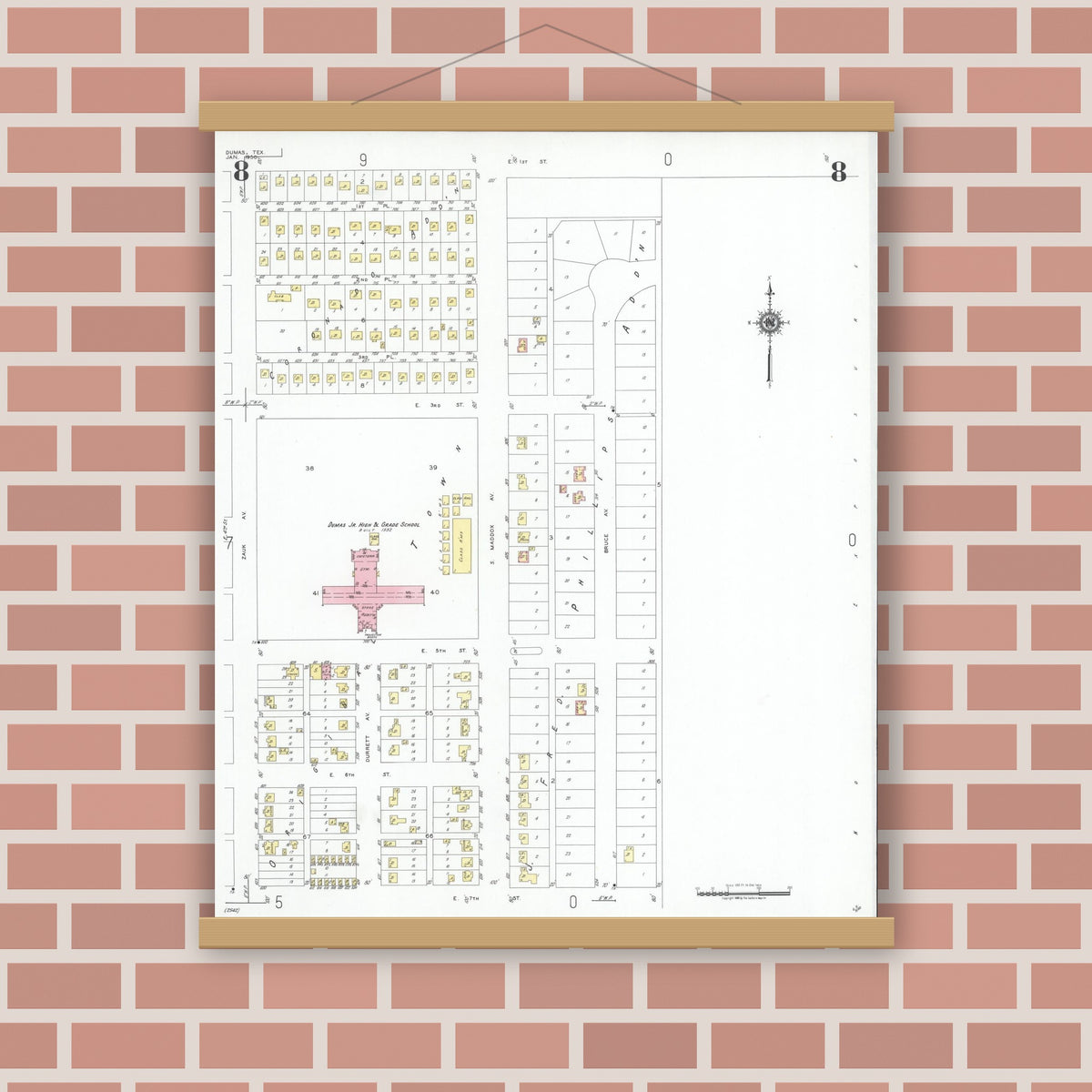 Old map wall art mockup — magnetic wood frame on brick wall — Sanborn Fire Insurance Map from Dumas, Moore County, Texas (1950), Sheet #0008