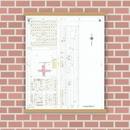 Old map wall art mockup — magnetic wood frame on brick wall — Sanborn Fire Insurance Map from Dumas, Moore County, Texas (1950), Sheet #0008